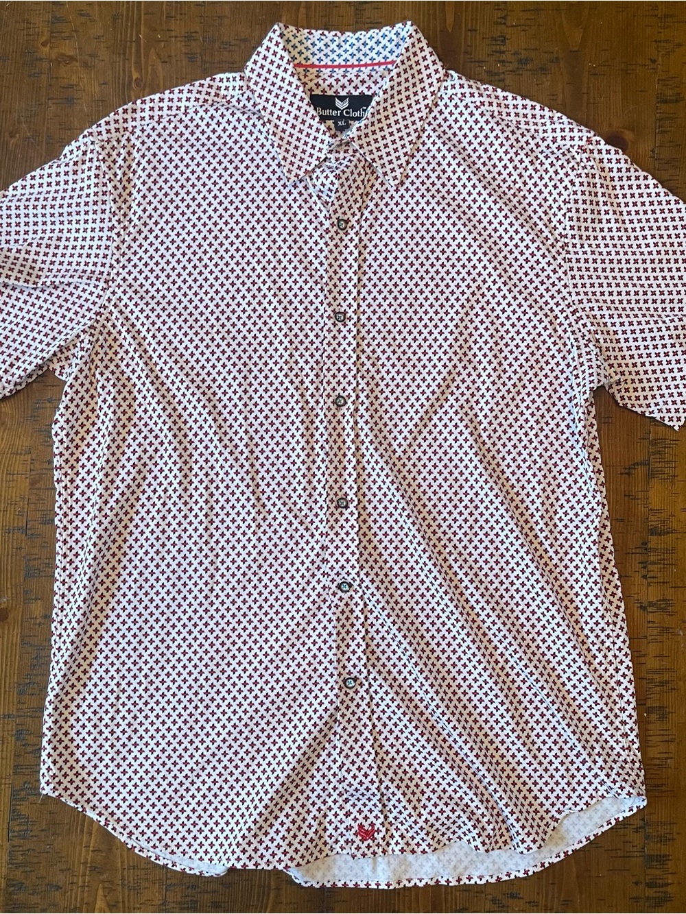 Butter Cloth Men’s Casual Button-Down Shirt in White with Red & Black Print - Picture 2 of 3